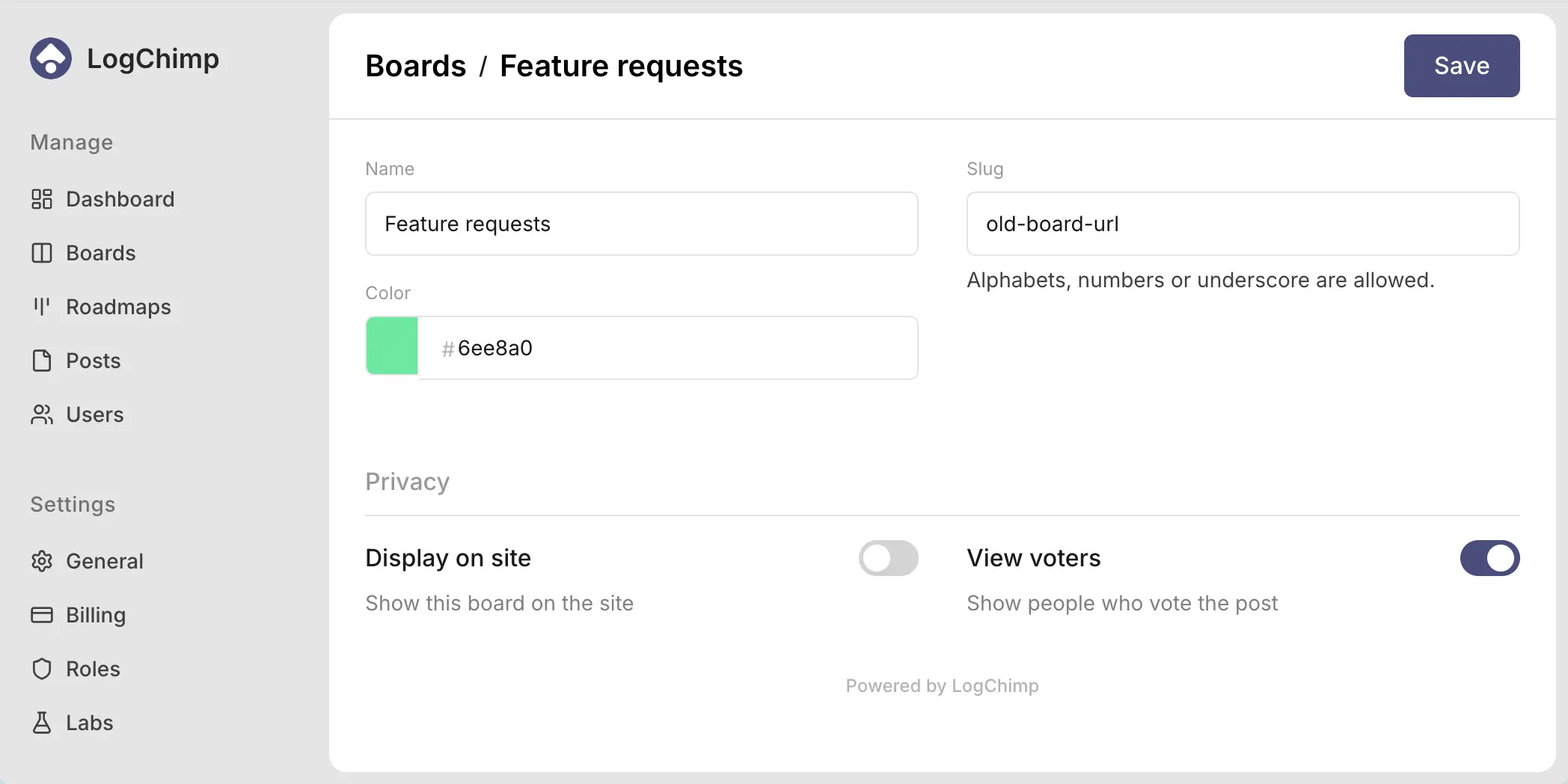 Board settings in dashboard