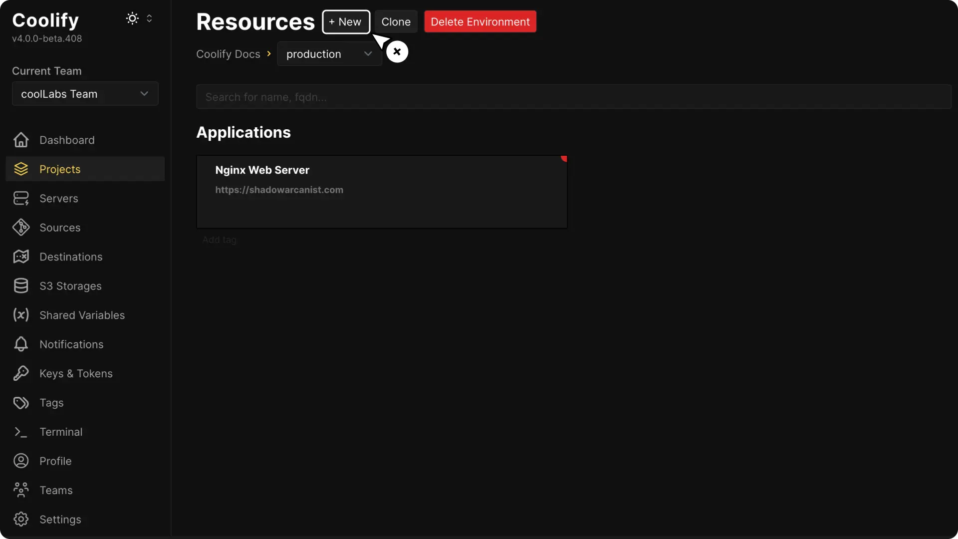 Create resource in Coolify